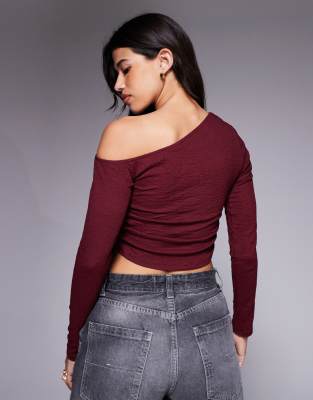 Asos Design Textured One-shoulder Ruched Long Sleeve Top In Red