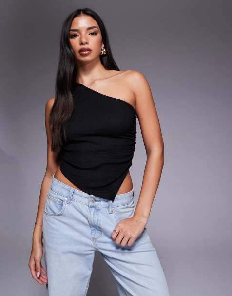 ASOS DESIGN textured one shoulder ruched top in black - view 1
