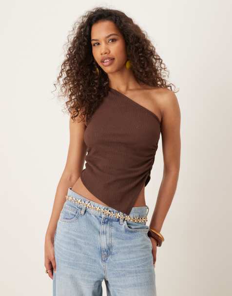 ASOS DESIGN textured one shoulder ruched top in brown - view 1