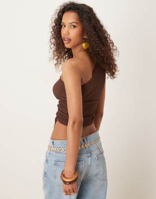 Asos Design Textured One Shoulder Ruched Top In Brown