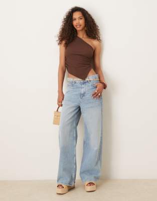 asos design textured one shoulder ruched top in brown