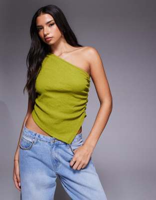 Asos Design Textured One Shoulder Ruched Top In Green