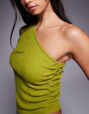 Asos Design Textured One Shoulder Ruched Top In Green