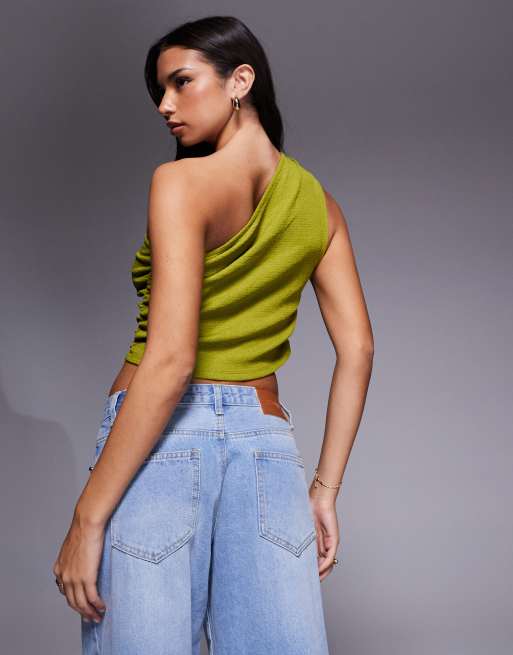 ASOS DESIGN textured one shoulder ruched top in green, 4 of 4