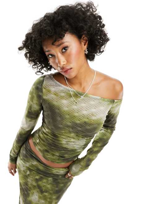 ASOS DESIGN textured one shoulder top co ord in blurred khaki