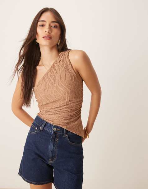 ASOS DESIGN textured one shoulder top with asymmetric hem and ruching detail in stone - view 1