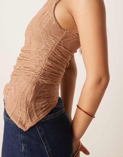ASOS DESIGN textured one shoulder top with asymmetric hem and ruching detail in stone, 2 of 4