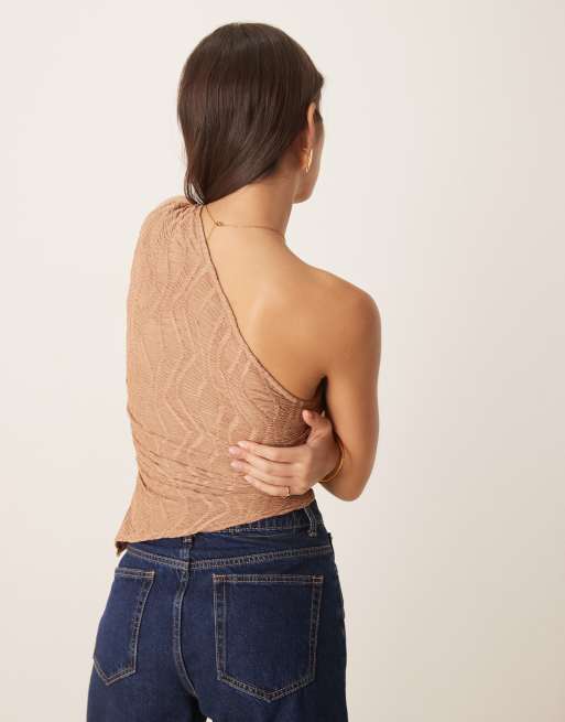 ASOS DESIGN textured one shoulder top with asymmetric hem and ruching detail in stone, 3 of 4