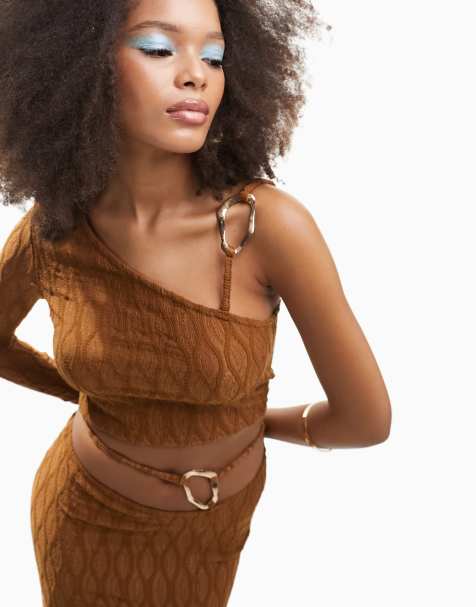 ASOS DESIGN textured one sleeve crop in brown - part of a set - view 1