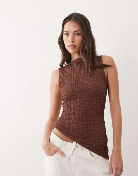 ASOS DESIGN textured open back top with tie detail in brown - view 1