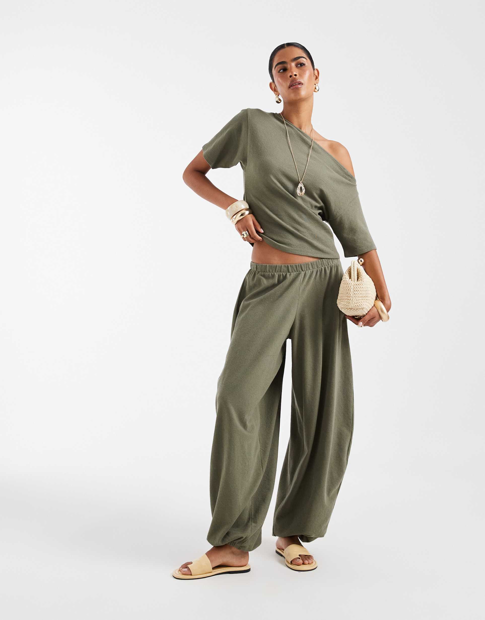 asos design textured oversized balloon pants in khaki - part of a set