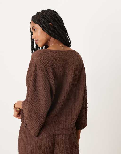 ASOS DESIGN textured oversized cape v neck top co-ord in chocolate, 3 of 4