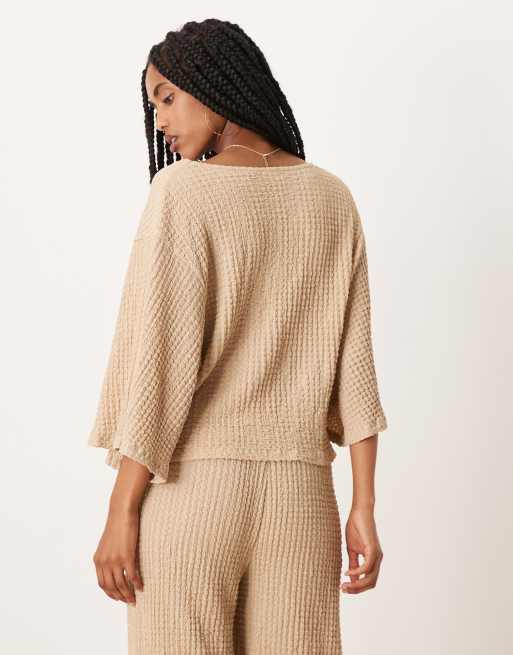 ASOS DESIGN textured oversized cape v-neck top in stone (Part of a set), 3 of 4