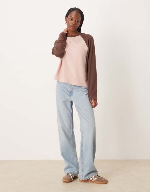 ASOS DESIGN textured oversized raglan long sleeve in pink & choc