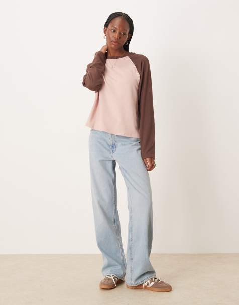 ASOS DESIGN textured oversized raglan long sleeve T-shirt in pink & choc - view 1