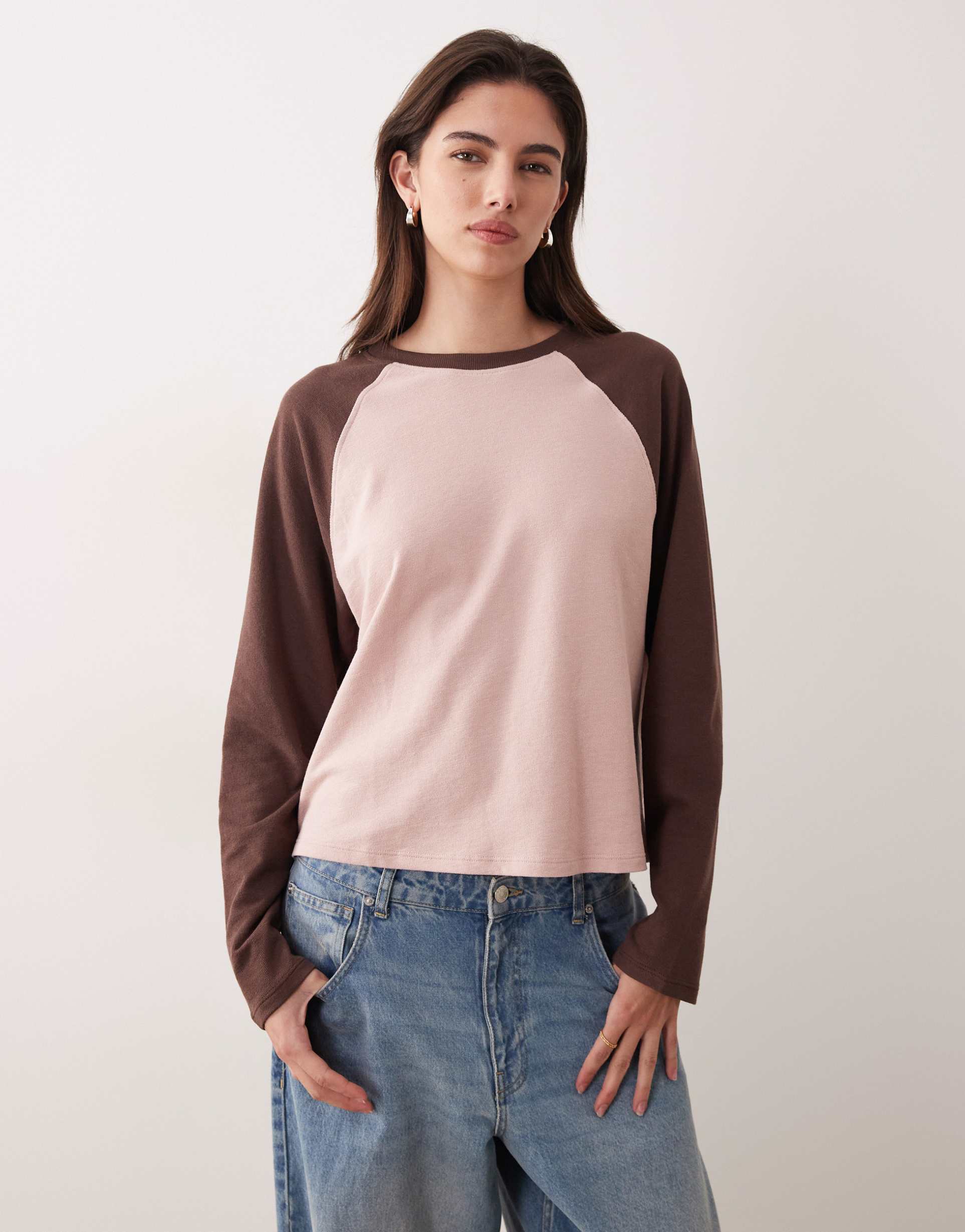 asos design textured oversized raglan long sleeve top in pink & choc