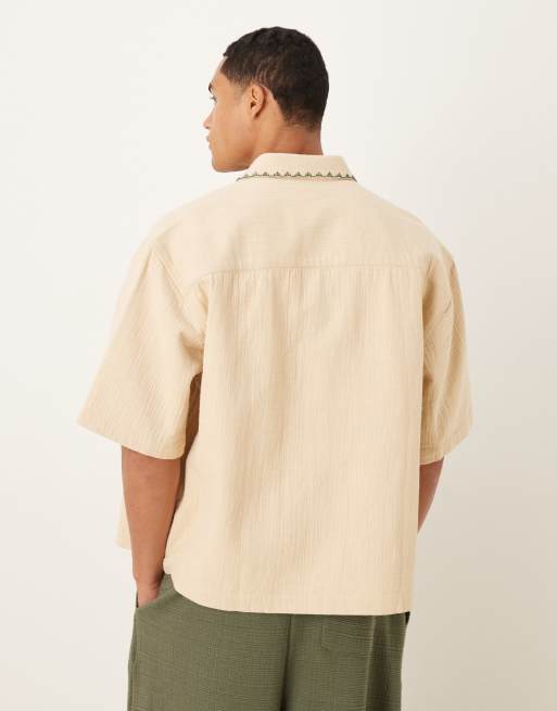 ASOS DESIGN textured oversized shirt with whip stitch detailing in stone, 3 of 5