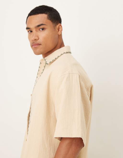ASOS DESIGN textured oversized shirt with whip stitch detailing in stone, 4 of 5