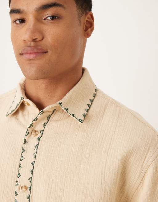 ASOS DESIGN textured oversized shirt with whip stitch detailing in stone