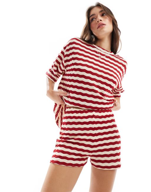 ASOS DESIGN textured oversized t-shirt and short set in red stripe
