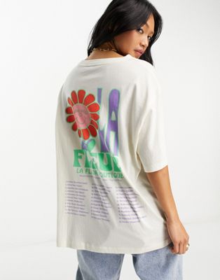 ASOS DESIGN textured oversized t-shirt in graphic with flower LA fleur graphic in cream