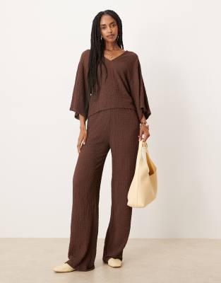 Asos Design Textured Oversized Wide Sleeve V Neck Top In Brown