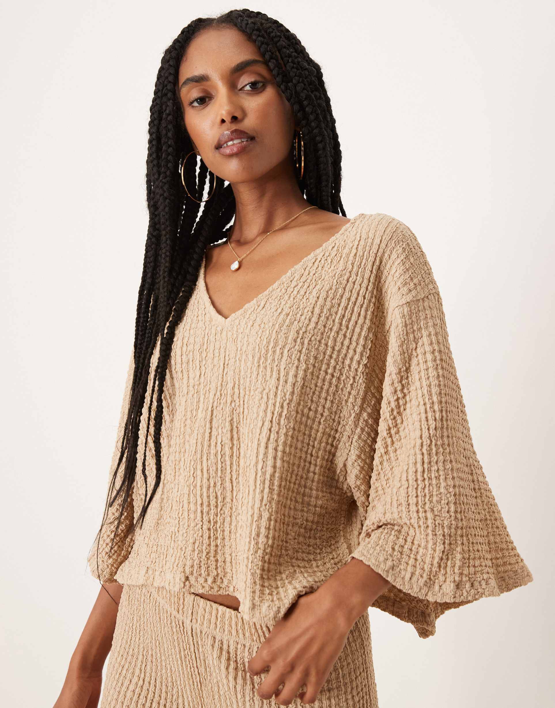asos design textured oversized wide sleeve v neck top in stone - part of a set