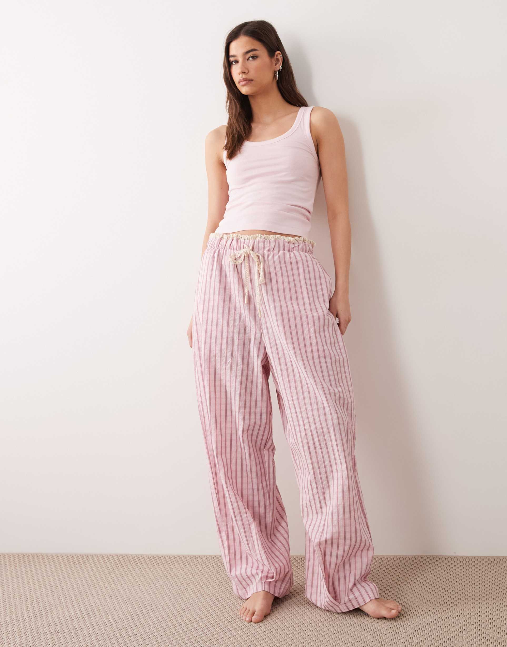 asos design textured pajama pants with lace waistband trim in pink plaid