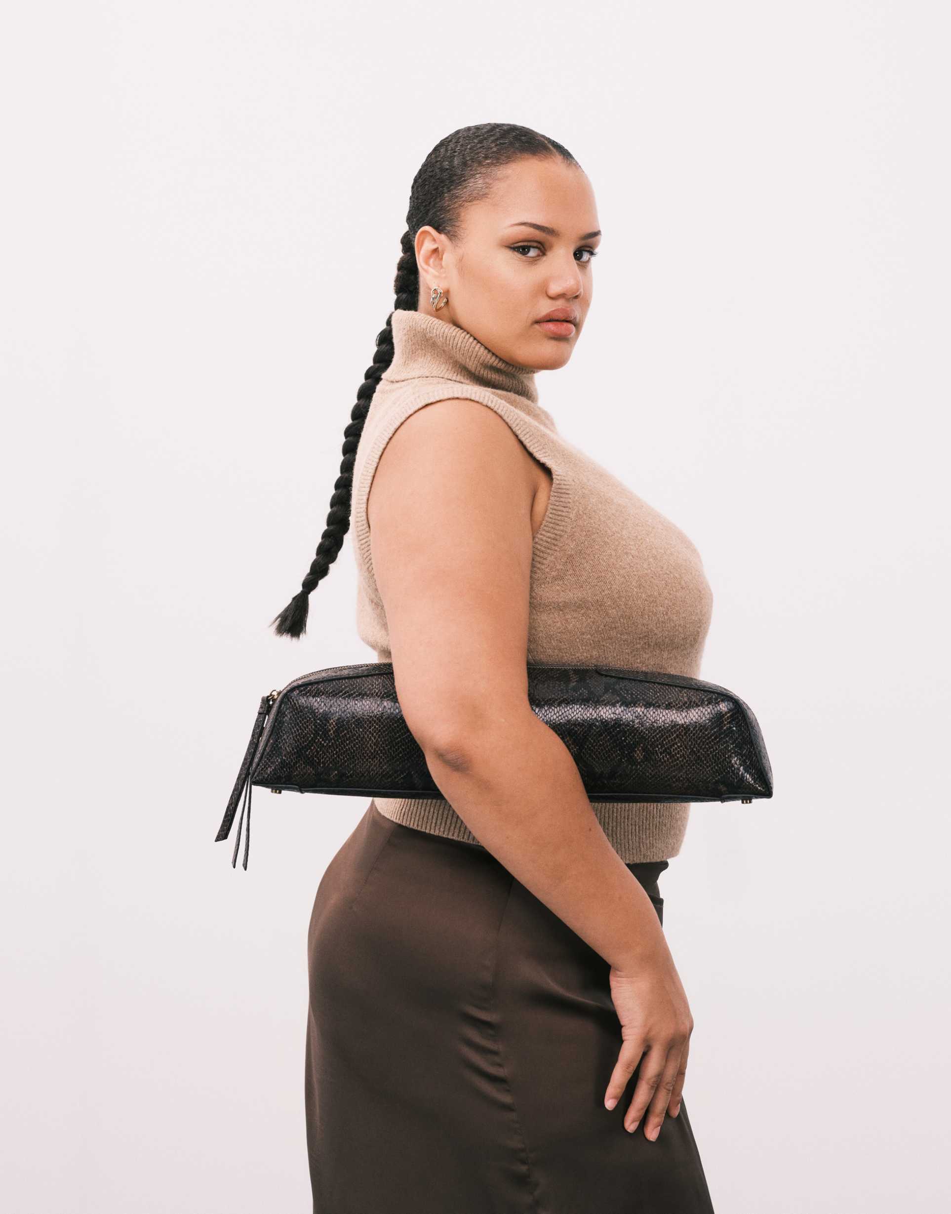 asos design textured pencil case clutch bag in chocolate snake print