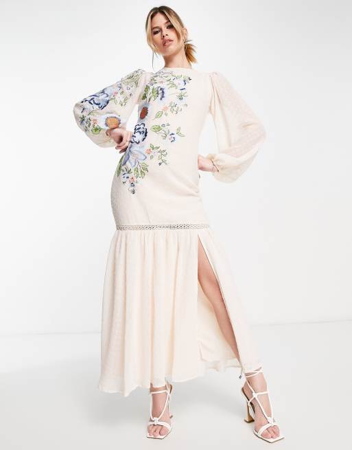 Asos Design Textured Pephem Maxi Dress With Floral Embroidery In Cream