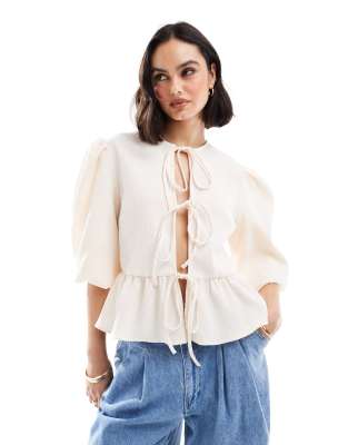 Asos Design Cotton Poplin Peplum Tie Shirt Top In Light Animal Jacquard-multi In White