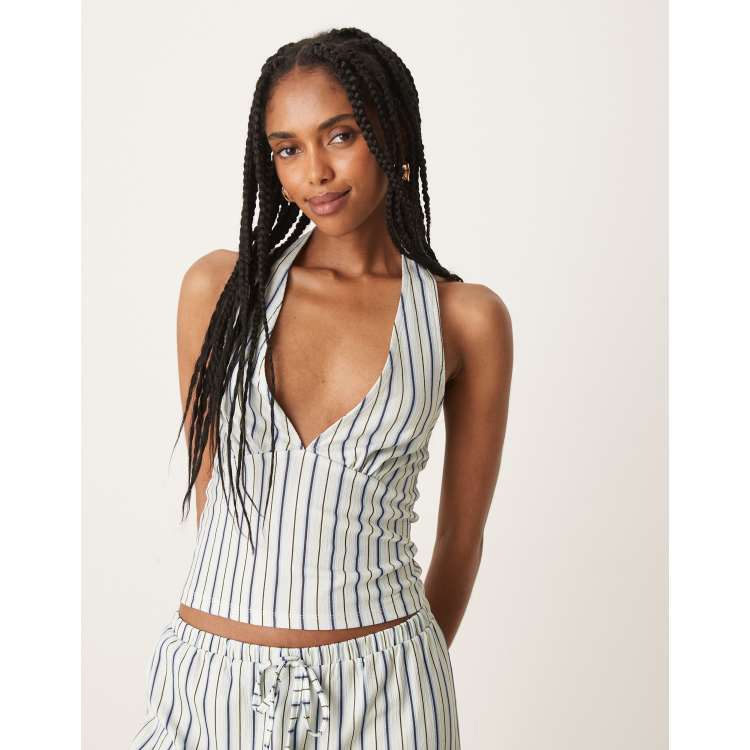 ASOS DESIGN textured pinstripe halter top in ivory - part of
