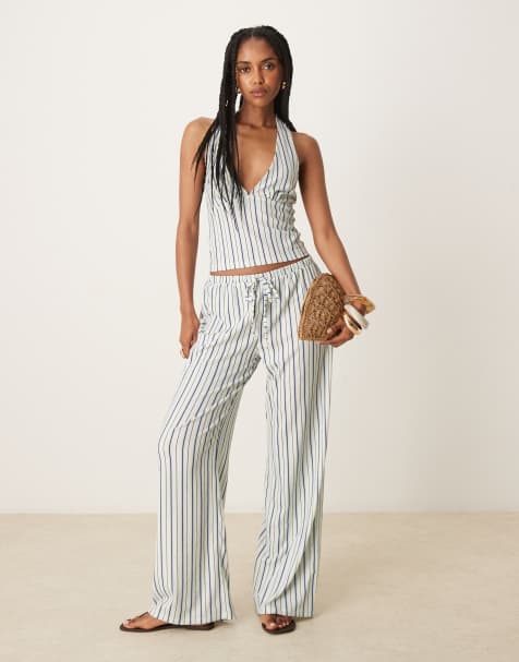 ASOS DESIGN textured pinstripe wide leg mid rise trousers co ord in ivory