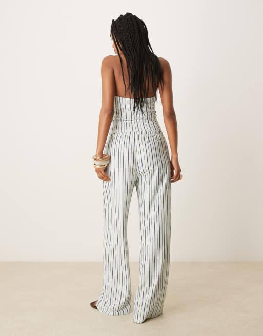 ASOS DESIGN textured pinstriped wide leg mid rise pants in ivory - part of a set, 4 of 5
