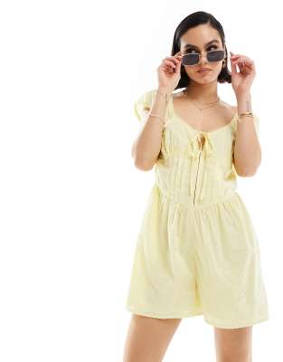 Asos Design Textured Pintuck Romper In Lemon-yellow