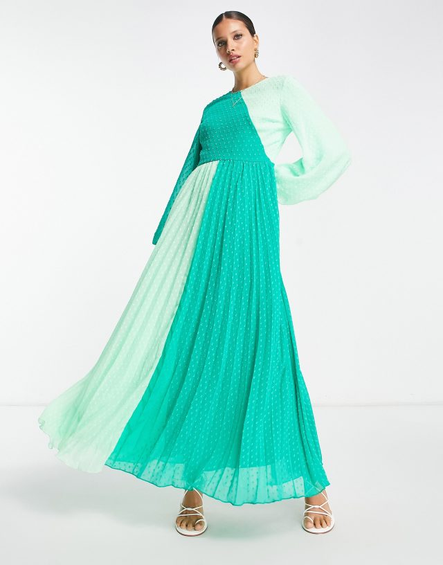 ASOS DESIGN textured pleated maxi dress in green color block