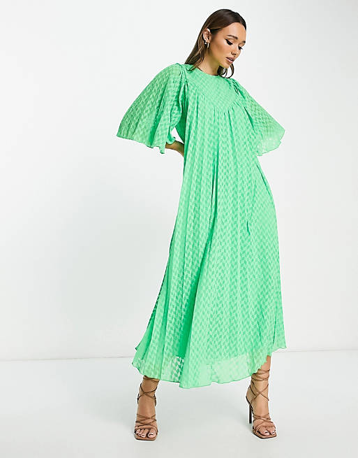 ASOS DESIGN textured pleated midi dress with flutter sleeves and V detail in green  