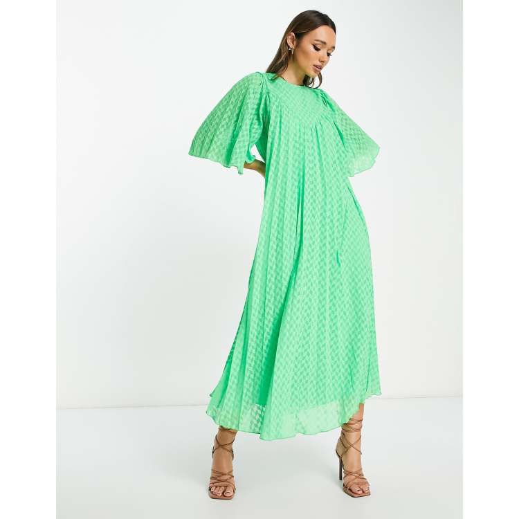 ASOS DESIGN textured pleated midi dress with flutter sleeves and V detail  in green | ASOS