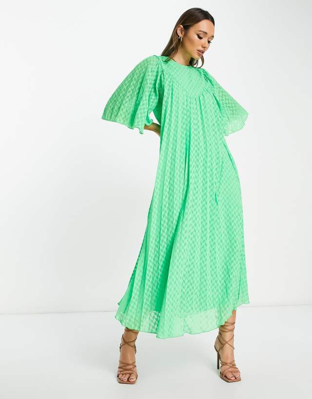 ASOS DESIGN textured pleated midi dress with flutter sleeves and V detail in green