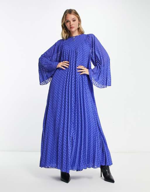 ASOS DESIGN textured pleated midi dress with pleated long sleeves and V  detail in purple | ASOS