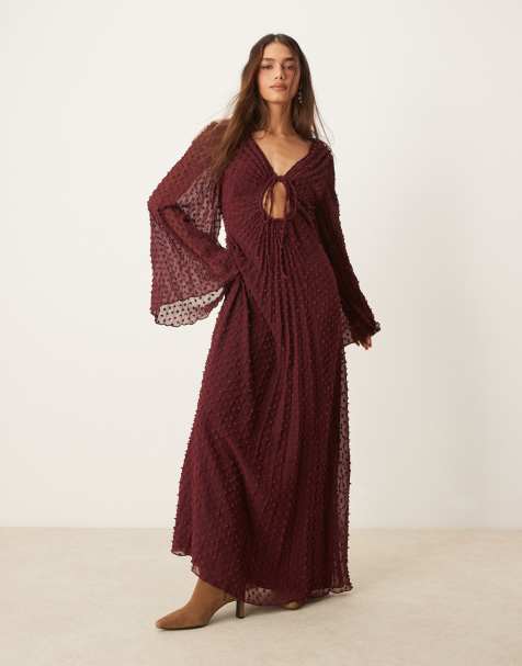 ASOS DESIGN textured pleated midi dress with tie front in burgundy - view 1