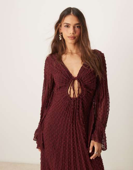 ASOS DESIGN textured pleated midi dress with tie front in burgundy