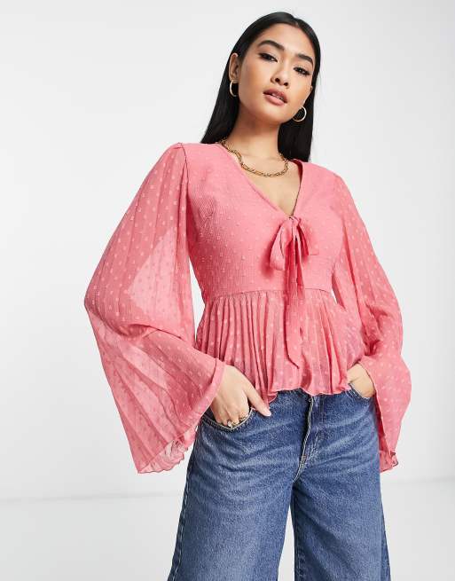 ASOS DESIGN textured pleated peplum top with tie detail and long sleeve in  dusty rose