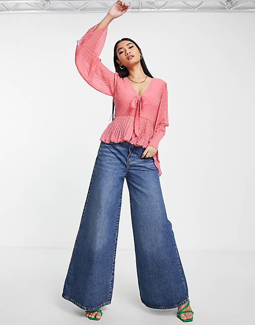 ASOS DESIGN textured pleated peplum top with tie detail and long sleeve in  dusty rose