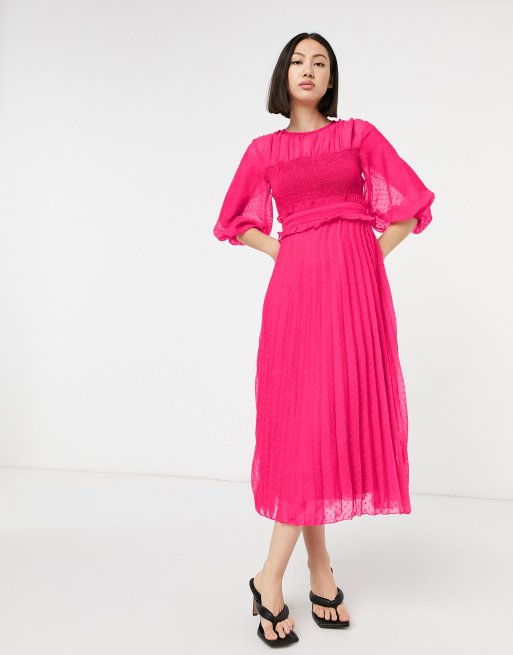 ASOS DESIGN textured pleated shirred midi dress in hot pink | ASOS