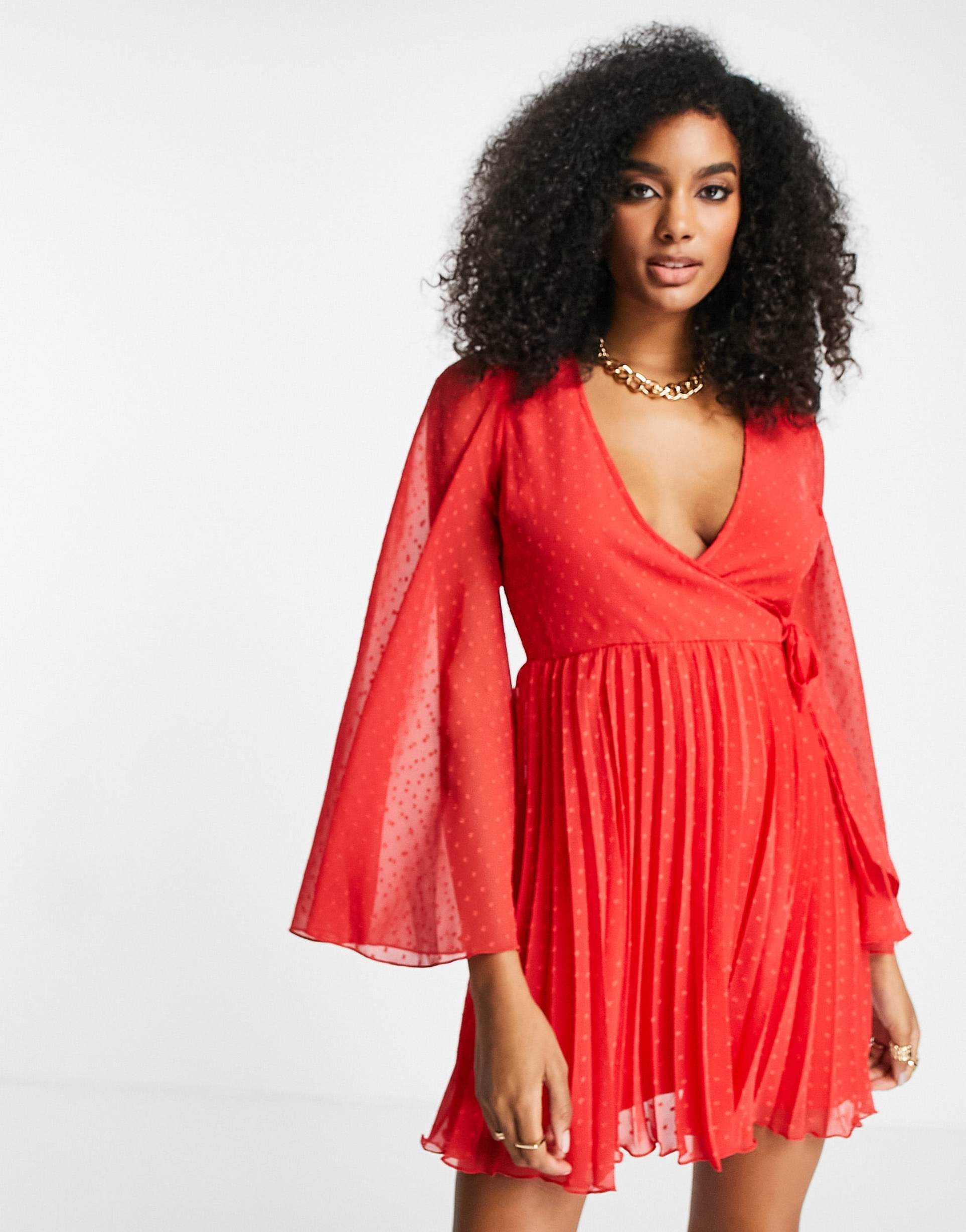 asos design textured pleated wrap mini dress in bright red