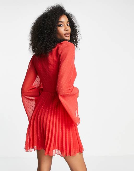 ASOS DESIGN textured pleated wrap mini dress in bright red