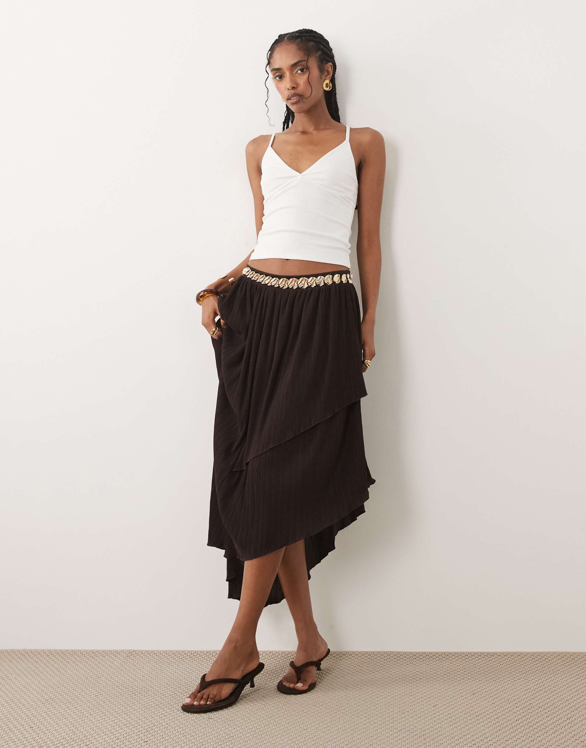 asos design textured plissé asymmetric midi skirt in chocolate