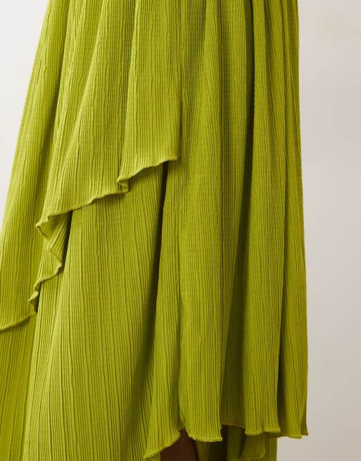 ASOS DESIGN textured plisse asymmetric midi skirt in green, 2 of 5