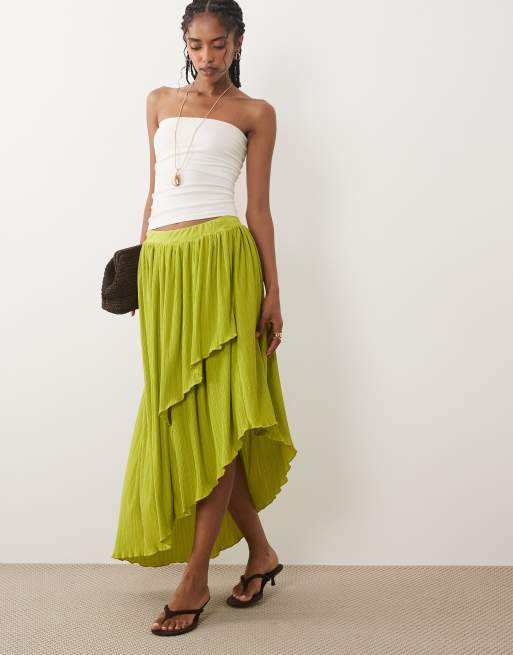 ASOS DESIGN textured plisse asymmetric midi skirt in green, 5 of 5